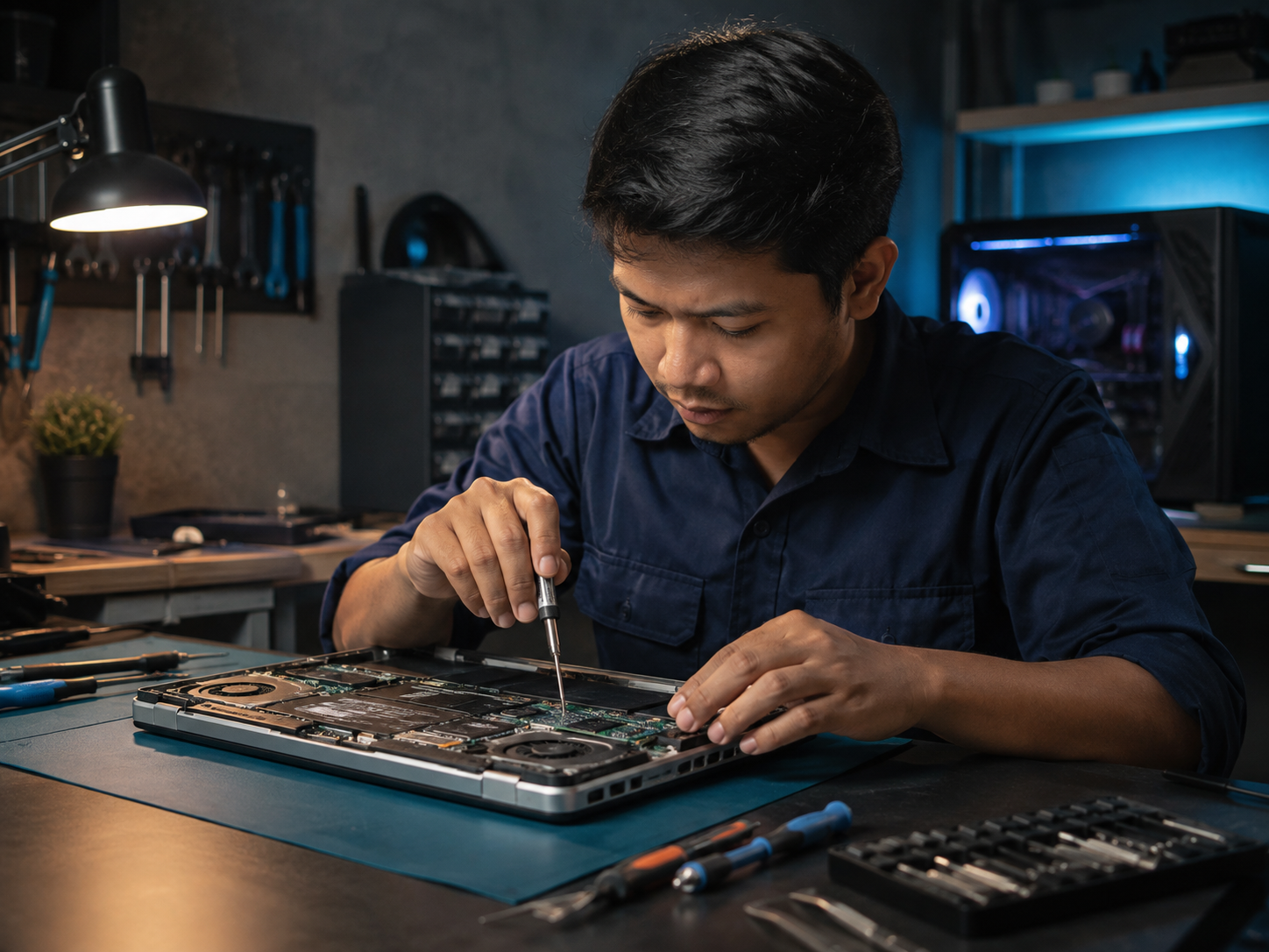 Teknisi KOMVEXA memperbaiki laptop di meja kerja